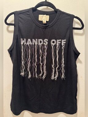Nicole Miller HANDS OFF Black Graphic Fringe Muscle Tank